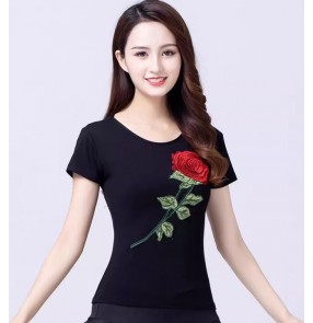 Women girls ballroom salsa latin dance tops red black fuchsia flowers samba rumba chacha Performance shirts rose embroidered short sleeve dancing blouses for woman